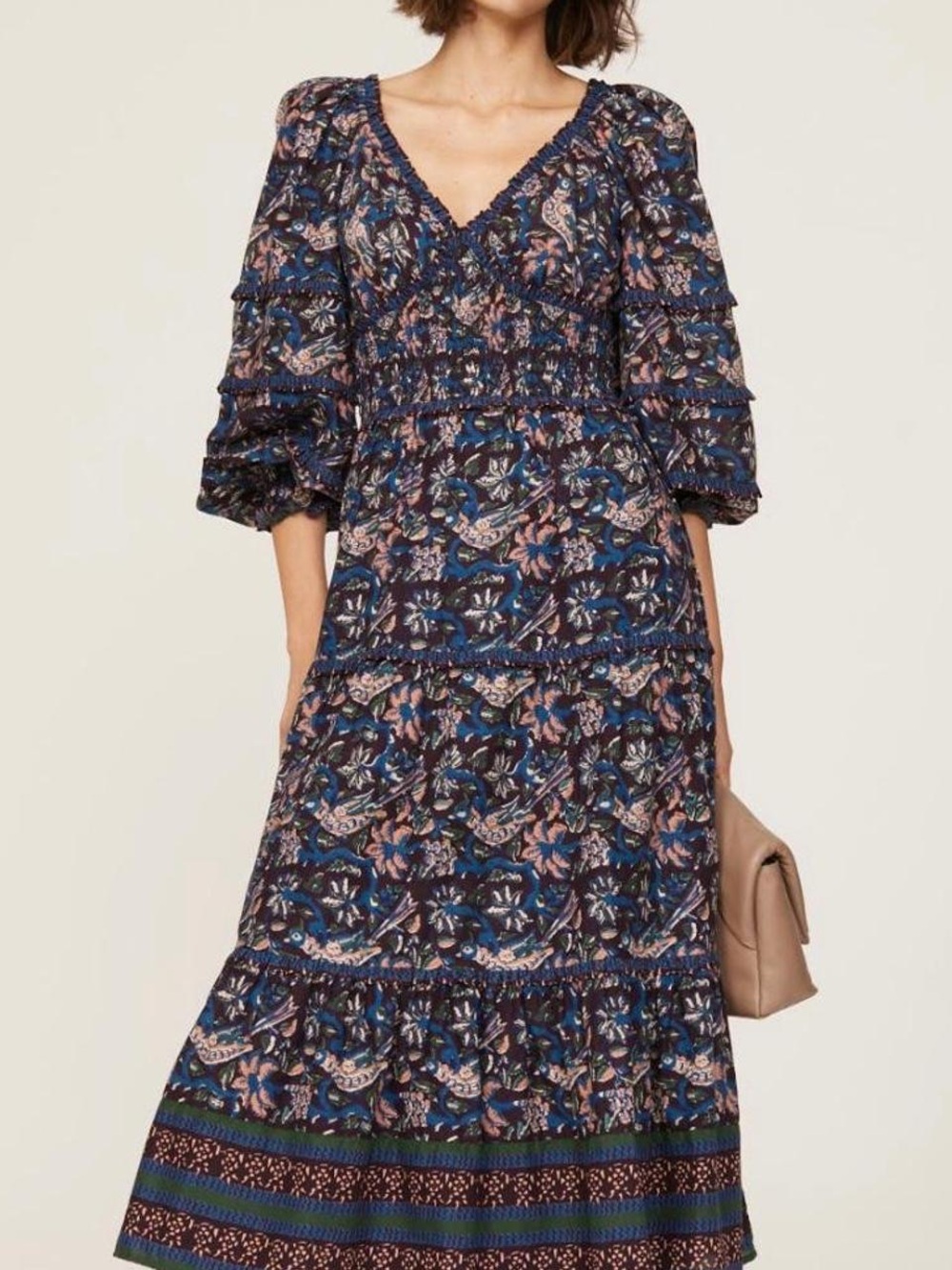 Sea New York Navy Floral Tiered Midi Dress with Pink Accents
